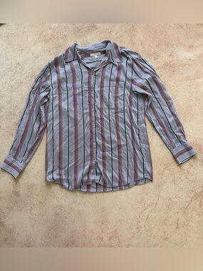 Joie Women’s Long-Sleeve Silk Blend Button-Down Shirt in Blue with Red Stripes